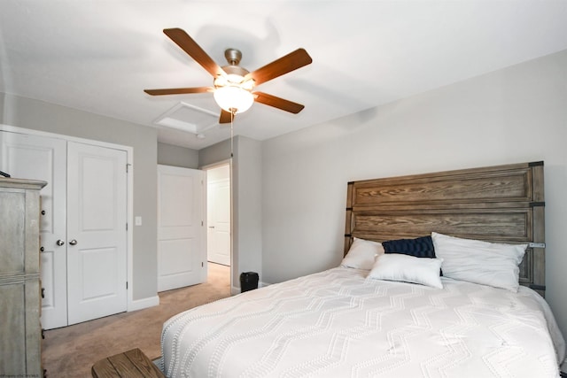 bedroom with light colored carpet and ceiling fan