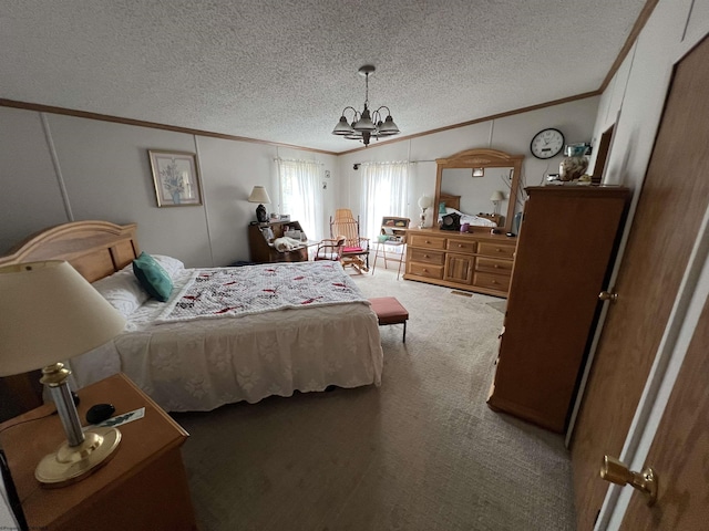 bedroom with lofted ceiling, ornamental molding, a textured ceiling, and carpet