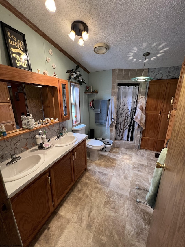 bathroom with toilet, vaulted ceiling, a textured ceiling, vanity, and curtained shower