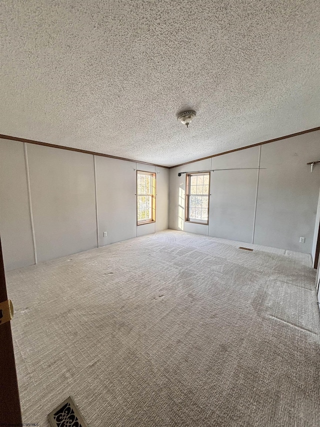 carpeted spare room featuring ornamental molding and a textured ceiling