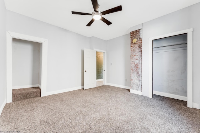 unfurnished bedroom featuring ceiling fan, carpet flooring, and a closet