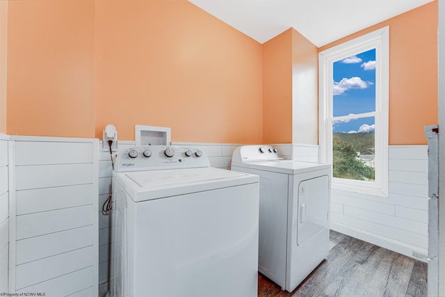 washroom with wood-type flooring and washing machine and clothes dryer