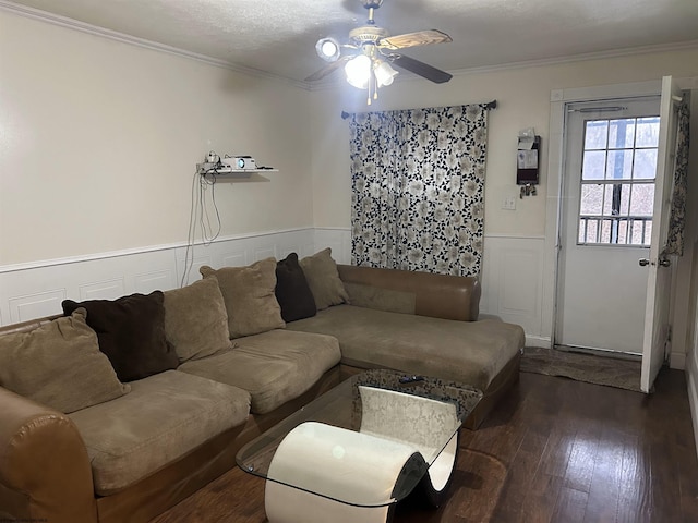 living room featuring crown molding, dark hardwood / wood-style floors, and ceiling fan