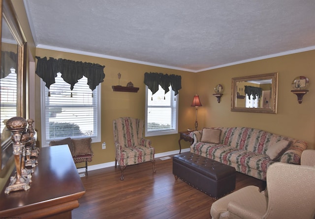 living room with dark wood-type flooring, ornamental molding, and a textured ceiling