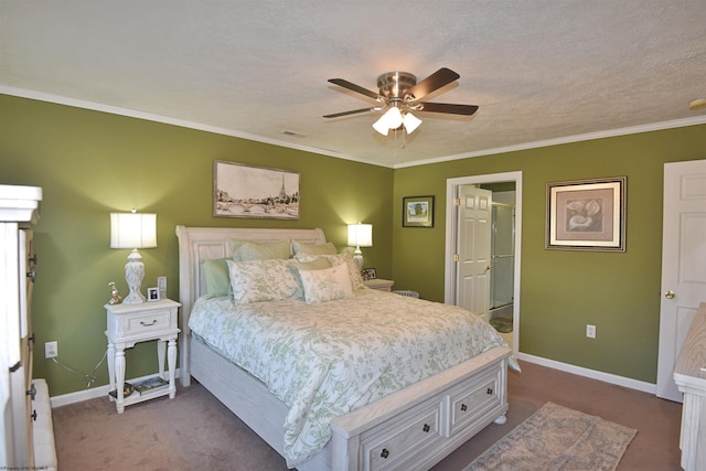 carpeted bedroom featuring crown molding, ceiling fan, and a textured ceiling