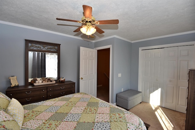 bedroom featuring ornamental molding, light carpet, a textured ceiling, and a closet