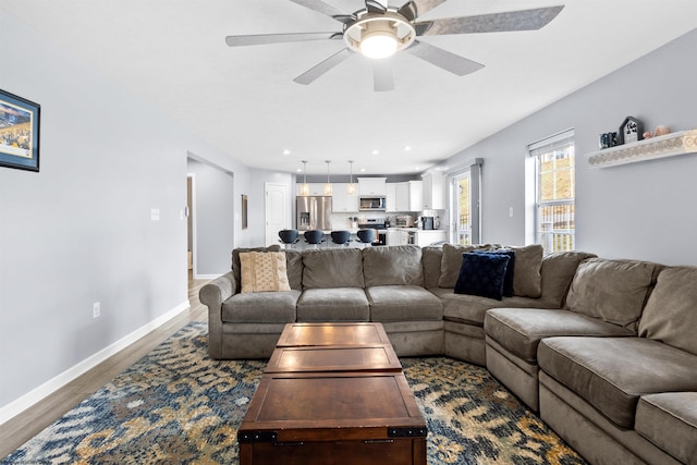 living room with ceiling fan and wood-type flooring