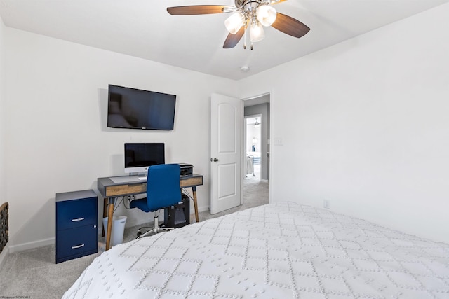 bedroom featuring ceiling fan and light carpet