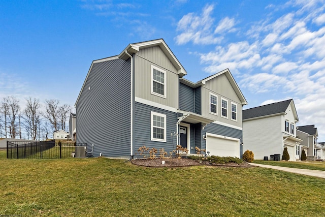 view of front of house with a garage, a front lawn, and central air condition unit