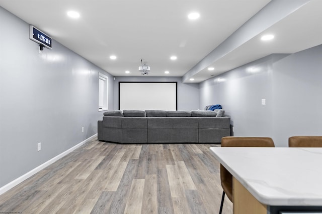 home theater featuring light hardwood / wood-style floors