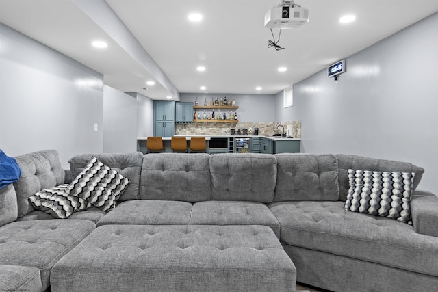 living room with indoor wet bar and beverage cooler