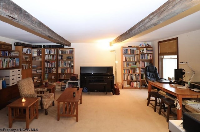 interior space with carpet and beam ceiling