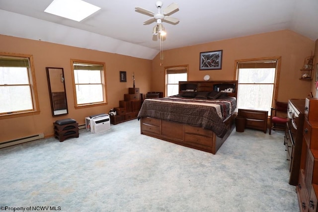bedroom with vaulted ceiling with skylight, multiple windows, and carpet