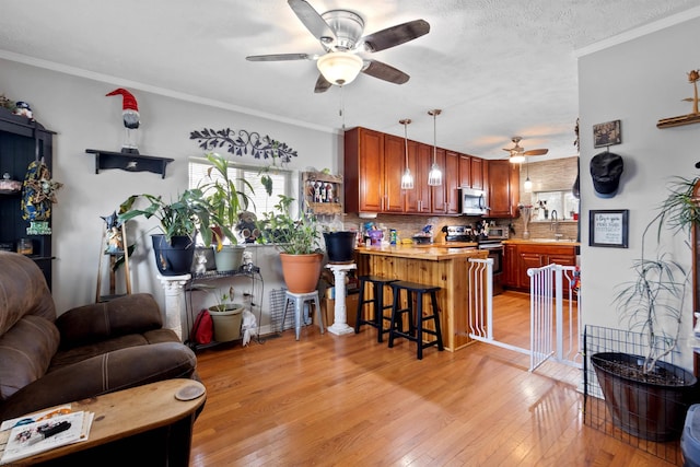 living room with ceiling fan, ornamental molding, sink, and light hardwood / wood-style flooring