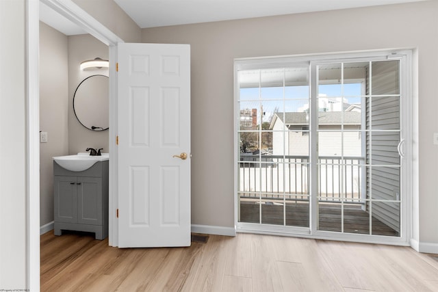 interior space with wood-type flooring and vanity