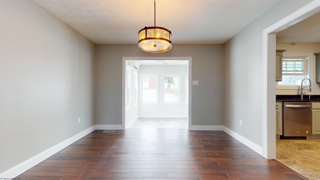 unfurnished dining area with sink, dark wood-type flooring, and plenty of natural light