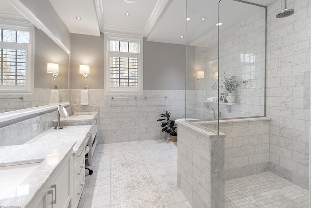 bathroom featuring vanity, tiled shower, tile walls, and crown molding