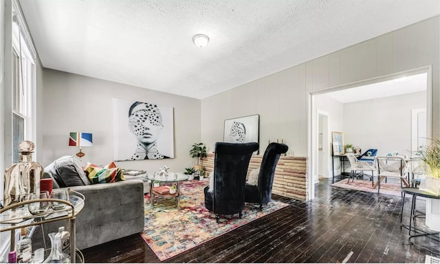 living room with dark hardwood / wood-style flooring and a textured ceiling