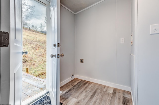 doorway with ornamental molding, plenty of natural light, and light hardwood / wood-style floors