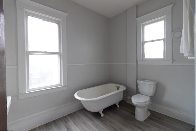 bathroom with a tub to relax in, toilet, and wood-type flooring