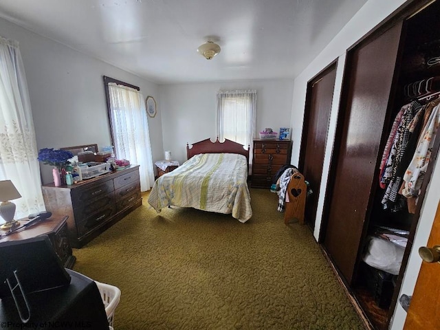 carpeted bedroom featuring multiple windows