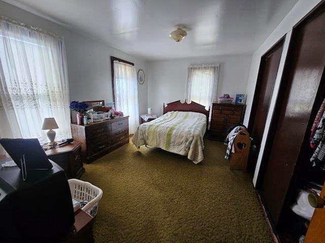 bedroom featuring multiple windows and dark carpet