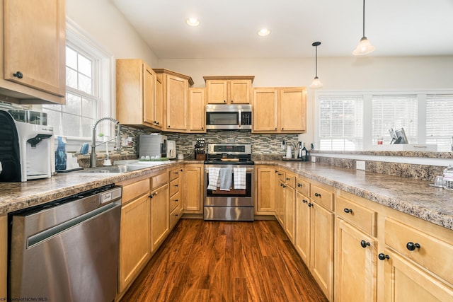 kitchen with tasteful backsplash, dark wood-style floors, decorative light fixtures, stainless steel appliances, and a sink