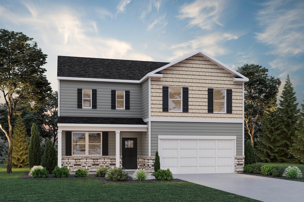 view of front of home featuring roof with shingles, concrete driveway, a garage, stone siding, and a front lawn