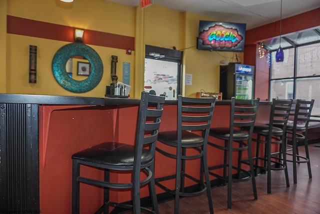 bar with a bar and dark wood-style flooring