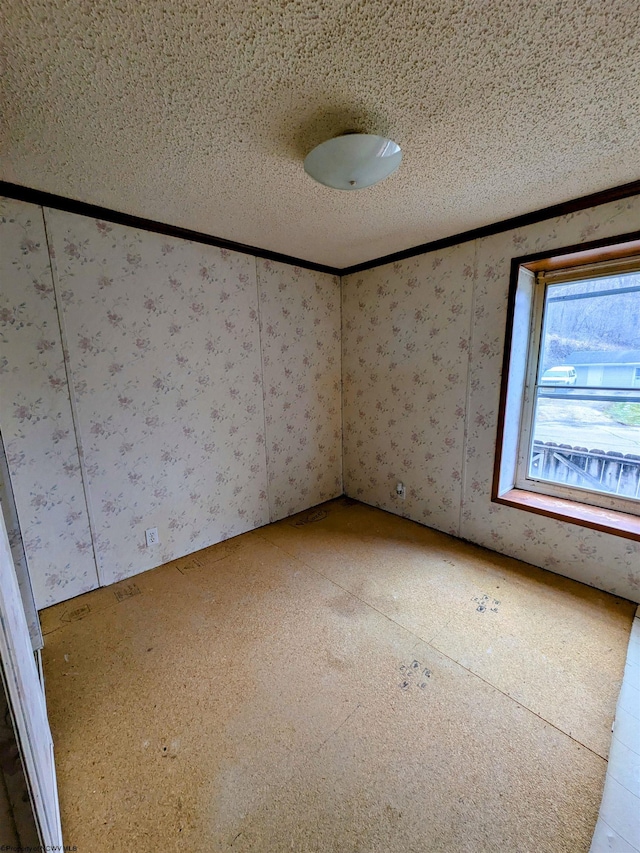 spare room with crown molding and a textured ceiling