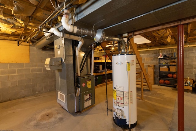 utility room featuring heating unit and water heater