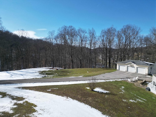 yard covered in snow with a garage and a wooded view