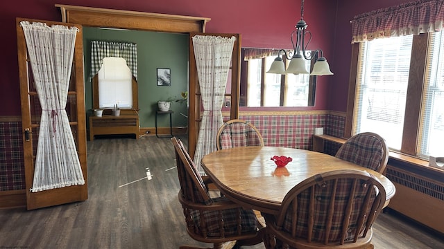 dining room with dark wood-type flooring, radiator heating unit, and a healthy amount of sunlight