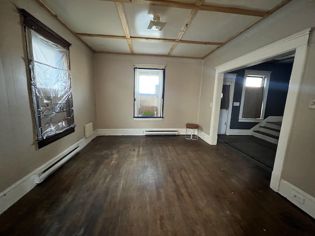 203 Juniper St, Bluefield, WV 24701 - unfurnished room featuring a baseboard heating unit, dark wood-style flooring, coffered ceiling, and baseboards