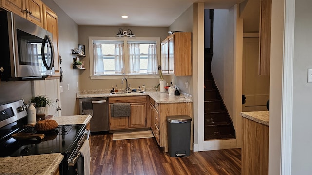 kitchen with appliances with stainless steel finishes, dark wood finished floors, a sink, and recessed lighting