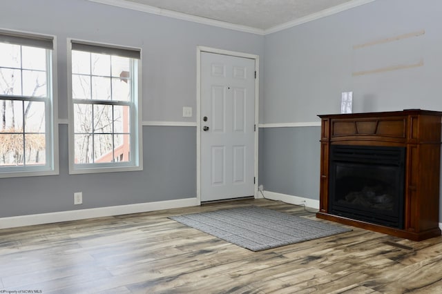 foyer with baseboards, a fireplace, wood finished floors, and crown molding