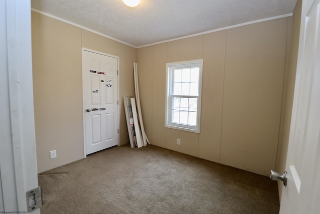 unfurnished room featuring a textured ceiling, ornamental molding, and carpet flooring