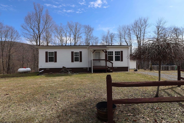 manufactured / mobile home with crawl space, fence, and a front lawn