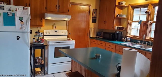 kitchen featuring white appliances, brown cabinetry, under cabinet range hood, open shelves, and a sink