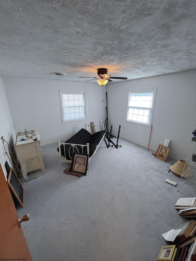 interior space featuring carpet, a ceiling fan, and a textured ceiling