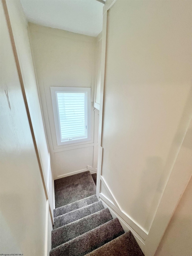 staircase with carpet and baseboards