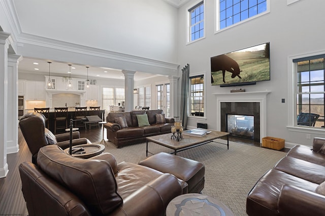 living room with a healthy amount of sunlight, a multi sided fireplace, dark wood finished floors, and ornate columns