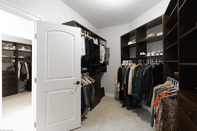 walk in closet with light carpet