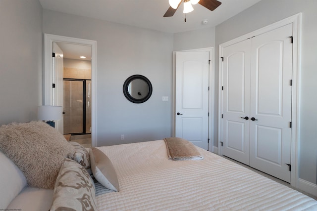 bedroom featuring a ceiling fan, a closet, and connected bathroom