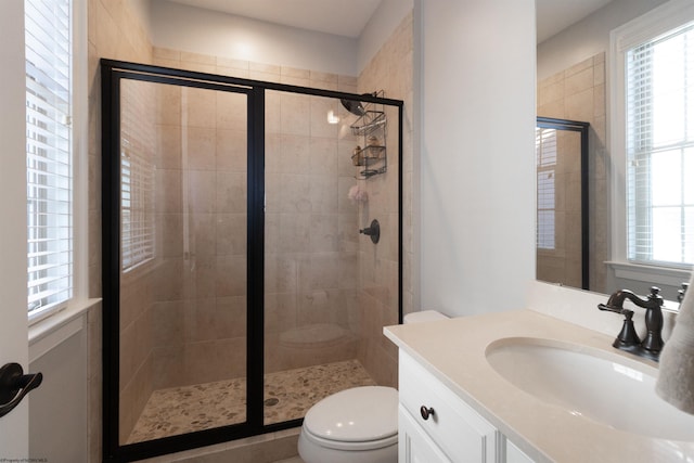 full bathroom featuring a shower stall, toilet, and vanity