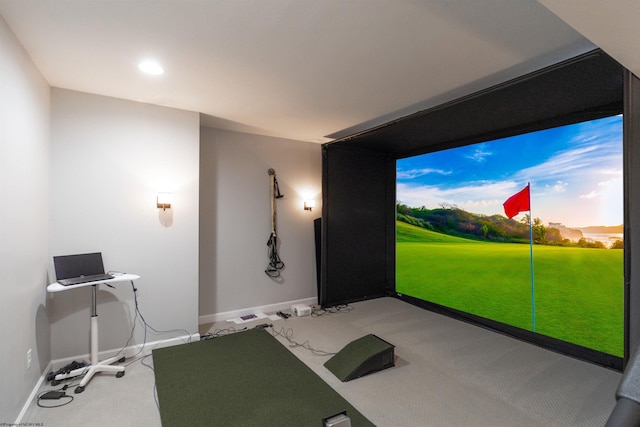 game room with carpet floors, golf simulator, recessed lighting, and baseboards