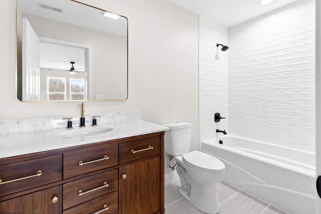 full bath with shower / bath combination, visible vents, toilet, vanity, and tile patterned flooring