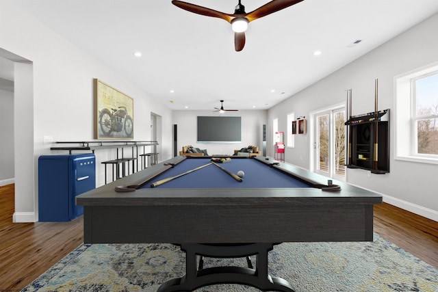 recreation room with recessed lighting, ceiling fan, baseboards, and wood finished floors