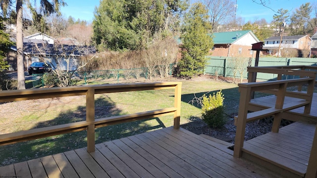 deck featuring a fenced backyard and a lawn