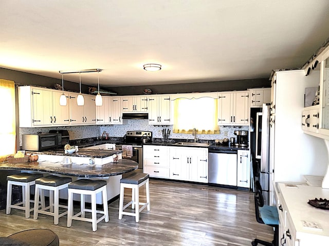 kitchen featuring stainless steel appliances, tasteful backsplash, a sink, a peninsula, and under cabinet range hood